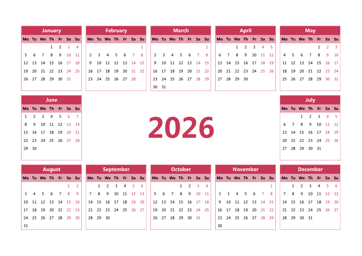 2026年日历 A3横向 英文版 无农历 无周数 周一开始